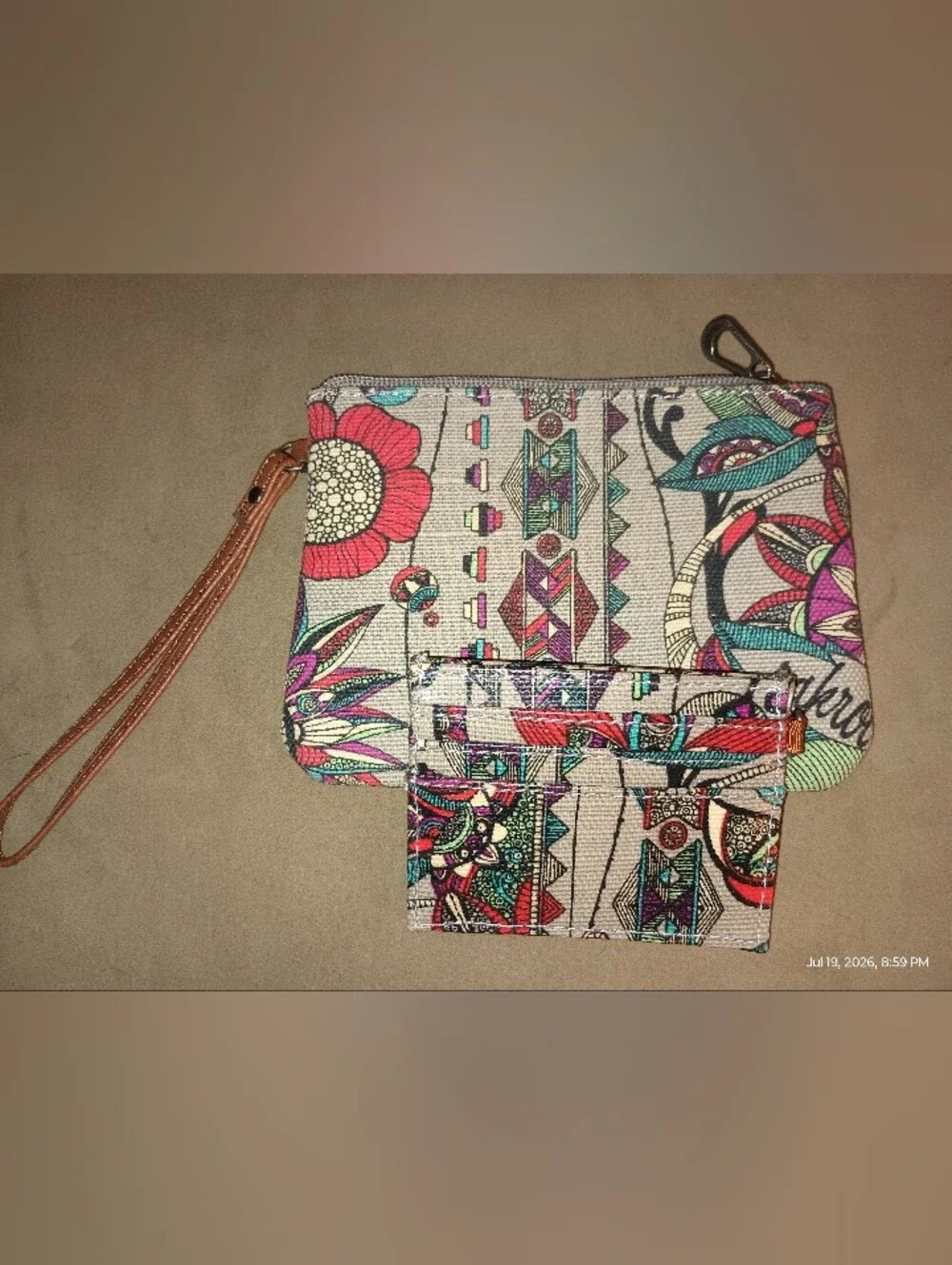 Sakroots Beige Floral Zip Pouch And Wallet Combo with Teal, Red & Pink Accents